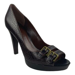 Marc fisher Burgundy Pebbled Leather Platform Heels Pep Toe Two Buckles US 8.5M